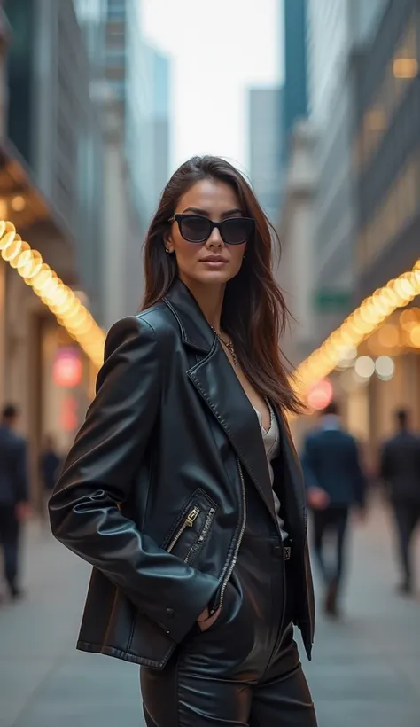 A stylish female model posing confidently in a modern urban setting. She is wearing a trendy outfit with a fashionable jacket, sunglasses, and stylish shoes. The background features a blurred cityscape with beautiful lighting, giving a high-end photoshoot ...