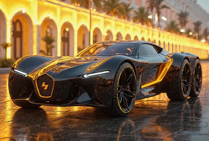 Front View 3/4 futuristic space sports car 6x6  ,  extra wide rims and 21' )))  chromed with small copper tones , the body is an elegant burnt black-yellow color,  halogen upper and lower headlights , front ,  side and rear spoilers ,  bold and elegant its...