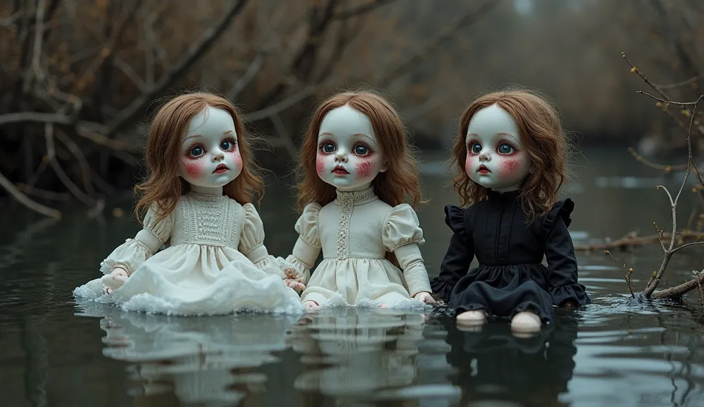 3 porcelain dolls, floating in a river, dry trees around the river, are the dolls wearing dresses, two in white dresses and one in black dress,  deformed faces , Spotted with red, dark night, Realistic