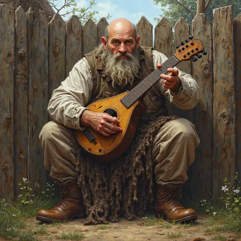 A bald, drunken bard with a fence and very fat
