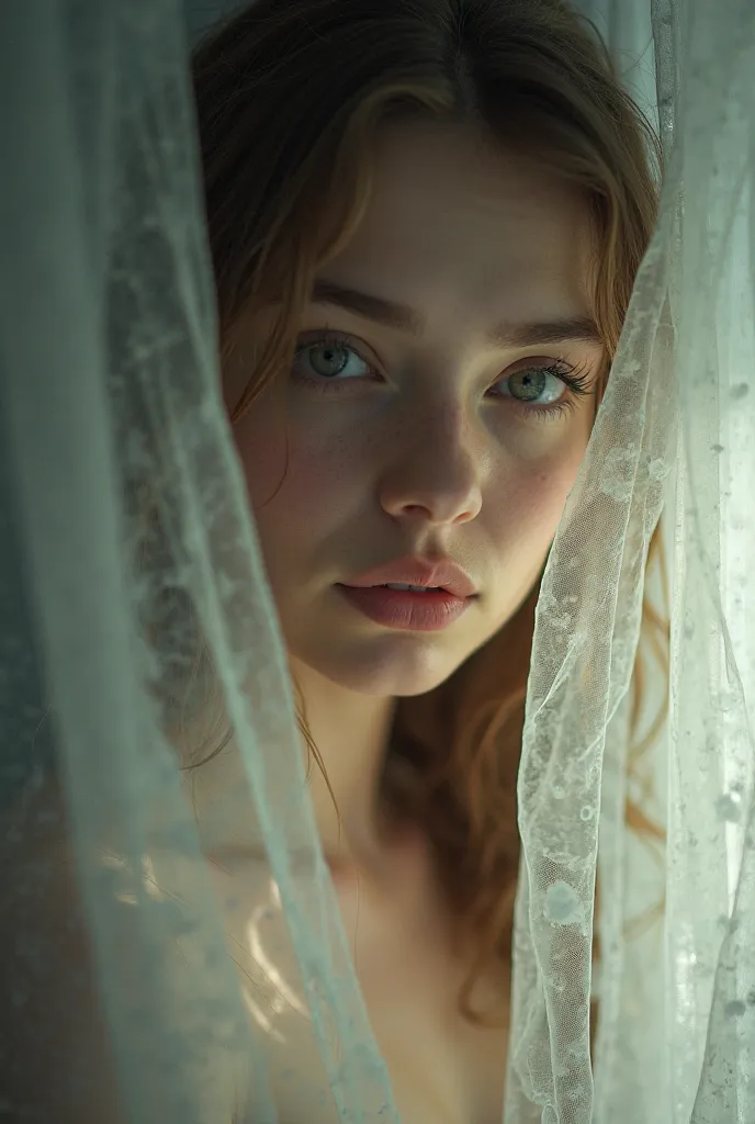 A mysterious and beautiful young woman peers at you from behind a delicate, flowing curtain. Her wide, enchanting eyes are filled with curiosity and intrigue, framed by soft strands of hair. The light filters through the fabric, casting a dreamy glow on he...