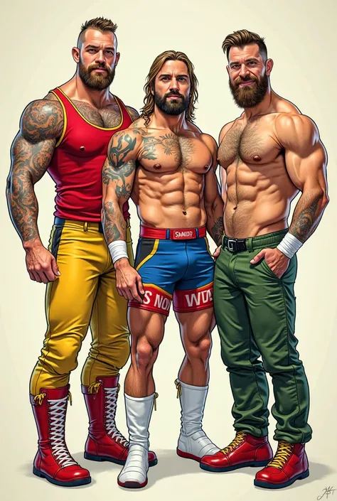 create an image in a comics style of a team of three wrestlers who have won a belt. the team is made up of: A tall man, of Spanish origin, he has short hair and a beard. He has a piercing in his right arch. He wears a red tank top, yellow pants and red and...