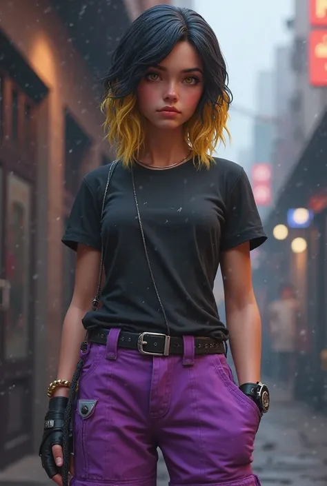 Personagem de free Fire, Chapel black and blonde hair, black t-shirt and purple pants 
