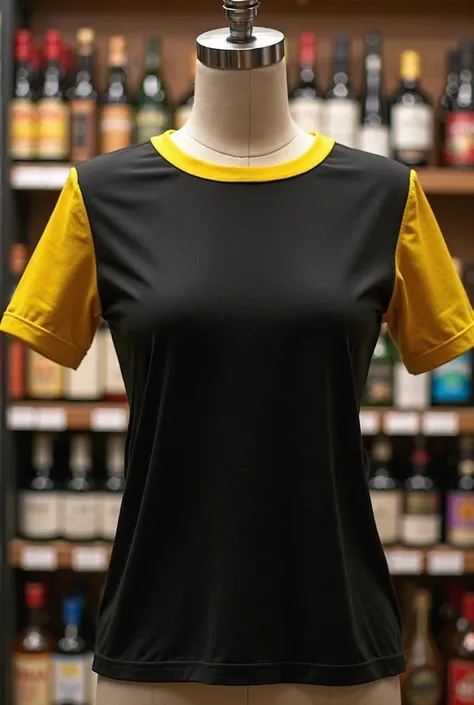 women&#39;s t-shirt. cor preta. With yellow sleeve bias. With yellow collar bias. on a mannequin. Inside a liquor store . front and back of the mannequin