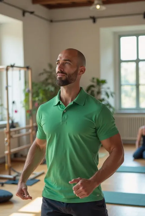 Man wearing green polo shirt in a Pilates studio environment, image in the format Storie