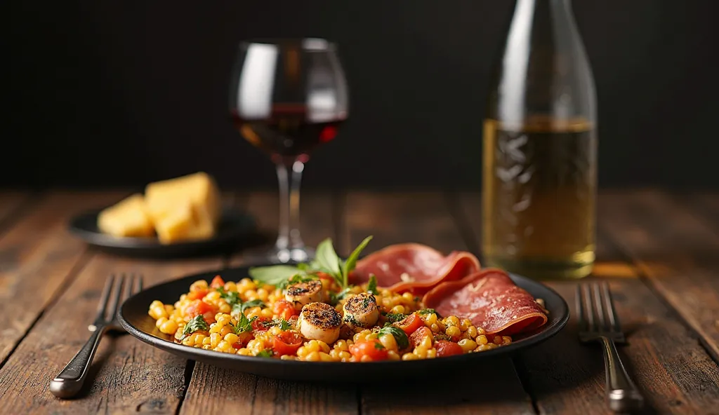 “Photorealism, close-up of a wooden table, served for late dinner: Spanish seafood paella, a plate of cheese, jamon slices,  A glass of red wine . There is a plain bottle of clear liquid without a label nearby. The background is slightly darkened , focus o...