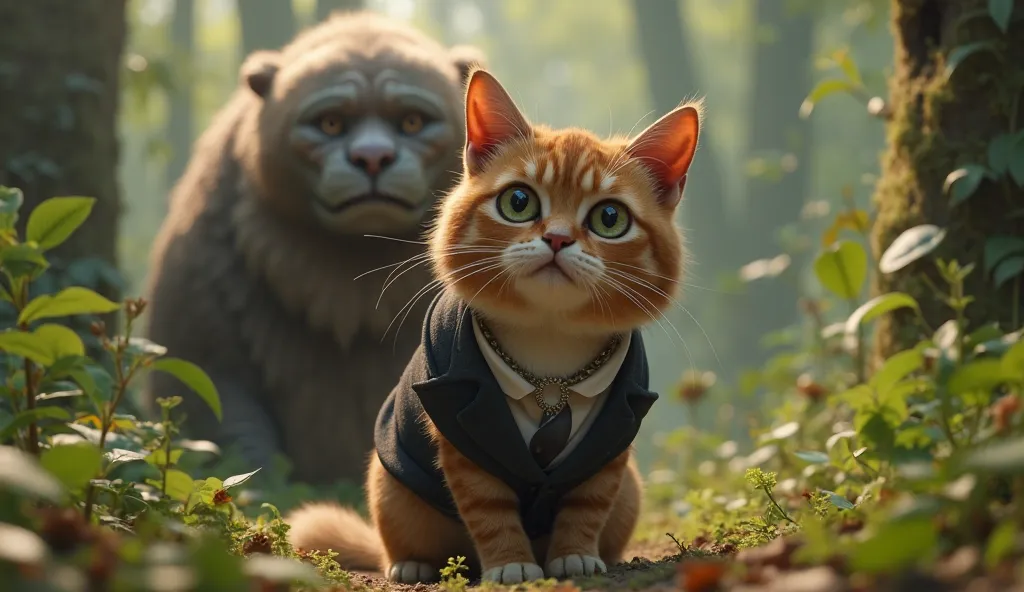 Pixar, ultra-detailed, 8k, sinematic, fat cat brown vest black pants sitting, Behind him: the predator of the green color pays attention to him,  in the wilderness  