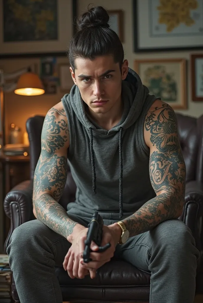 A handsome mafia boss with dark hair pulled up to a hot man half updo bun, he's 20 years old, tattooed knuckles , he's holding a gun, grey tank hoodie and sweatpants, dragon tattoo on one arm,office study