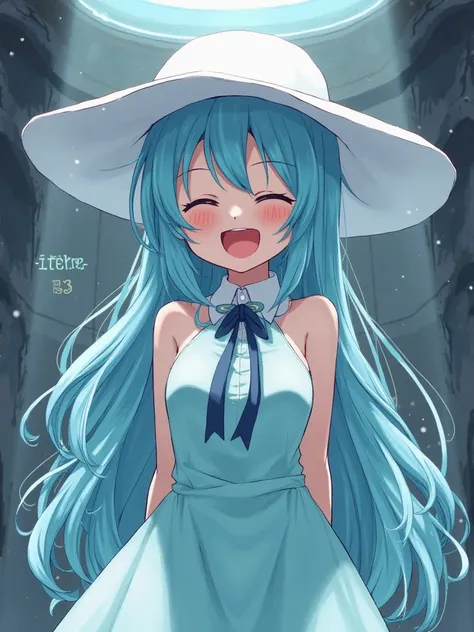 anime girl with long sky blue waterfall hair wearing big white sun hat aquamarine halter dress white collar blue bow tied ribbon being held hostage and tickled tortured in and by box machine laughing and screaming in lab