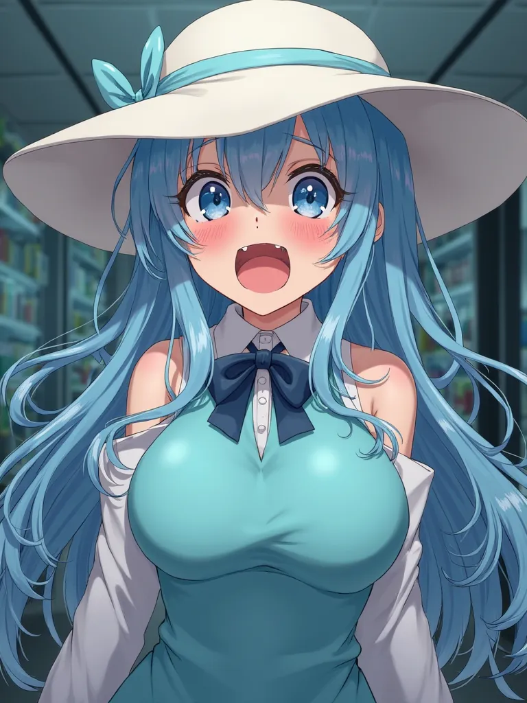 anime obese girl with long sky blue waterfall hair wearing big white sun hat aquamarine halter dress white collar blue bow tied ribbon being held hostage and tickled tortured in and by box machine laughing and screaming in lab]