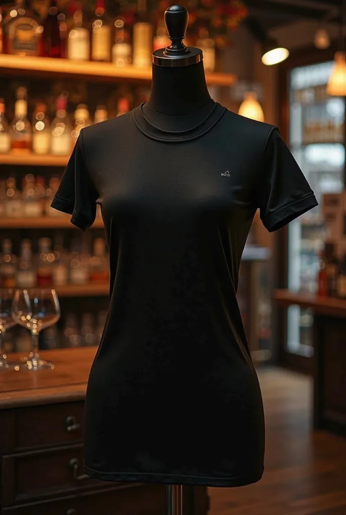 women&#39;s t-shirt. cor preta. on a mannequin. inside a liquor store