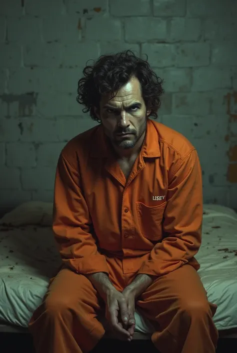 "Ted Bundy in a prison cell, wearing an orange jumpsuit, sitting on a bed, looking at the camera with a cold expression, dim lighting, realistic style, 4K resolution."