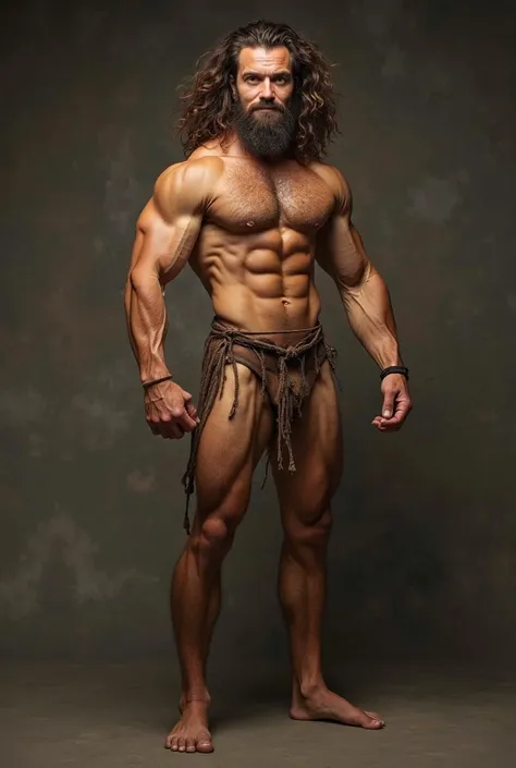 Ugly, masculine, hot, cocky, sexy, attractive  fit muscular  bare chest 36 years old indigenous Sweden prisoner massive vascular barbarian in the Neolithic period time. Front flex posing one biceps up . Long curly hair. Wearing bodybuilder leather tiny pos...