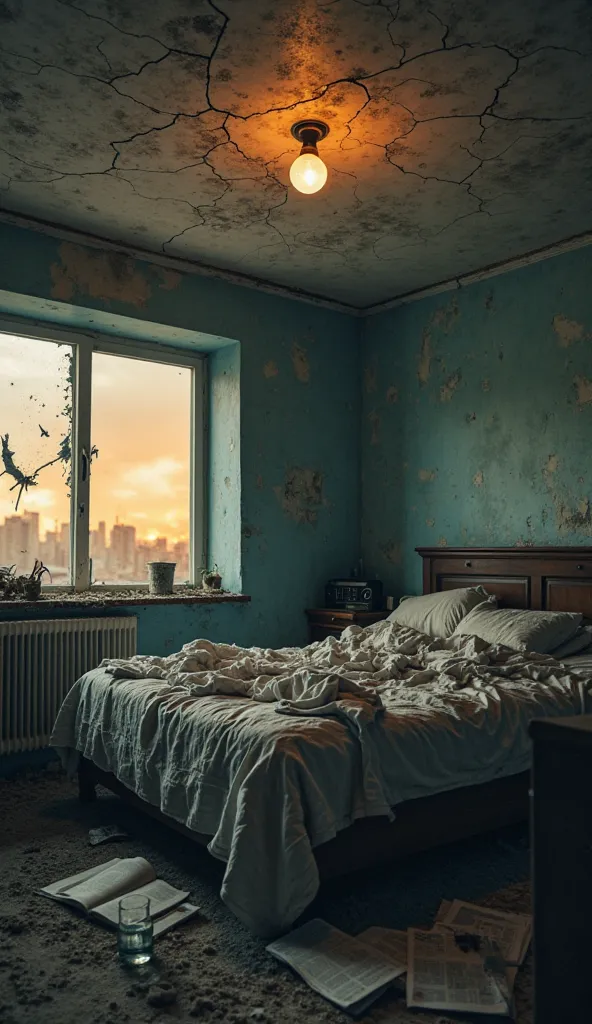 You are lying on an untidy bed, slowly opening your restless eyes after a restless sleep. The camera simulates your first-person view, starting with a blurry view of the cracked and dirty ceiling, as you notice the chaos around you. the atmosphere is gloom...