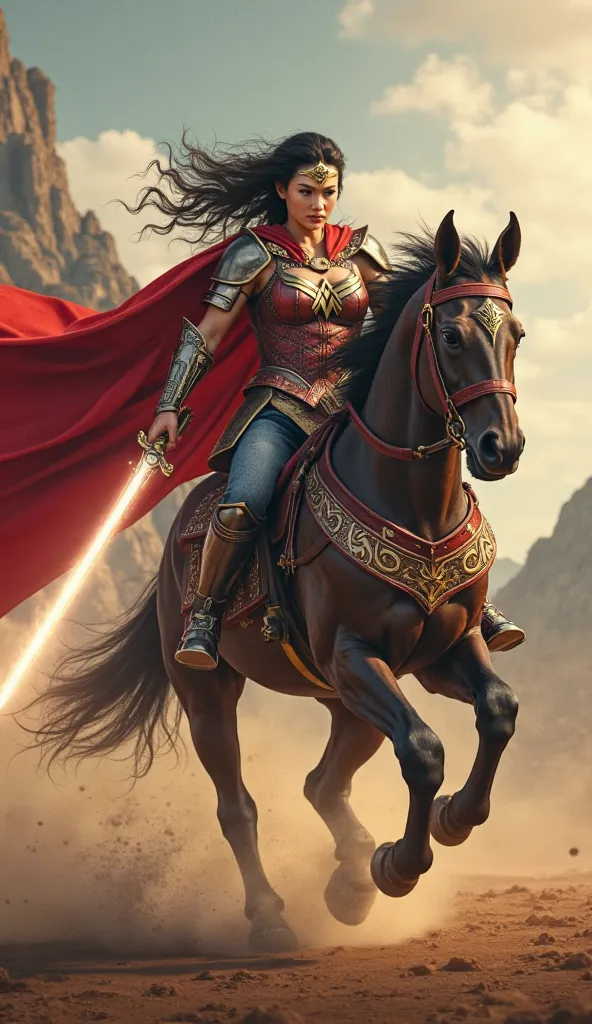 Mulan’s armor now bears the Wonder Woman emblem, her sword glowing with divine energy. She charges into battle on a majestic horse, her cape flowing behind her like a flag of victory.