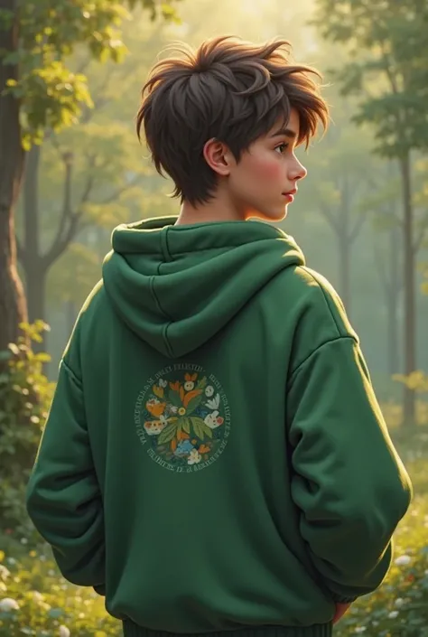 Green hoodie that says environment and animals in small size on the lower back 