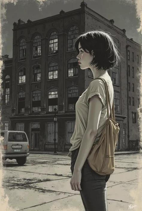  realistic drawing . Sara Night, pretty woman with short hair, carrying a beige bag, Stop in front of an abandoned building