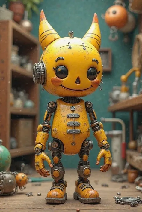 A cute yellow doll with motorcycle parts 