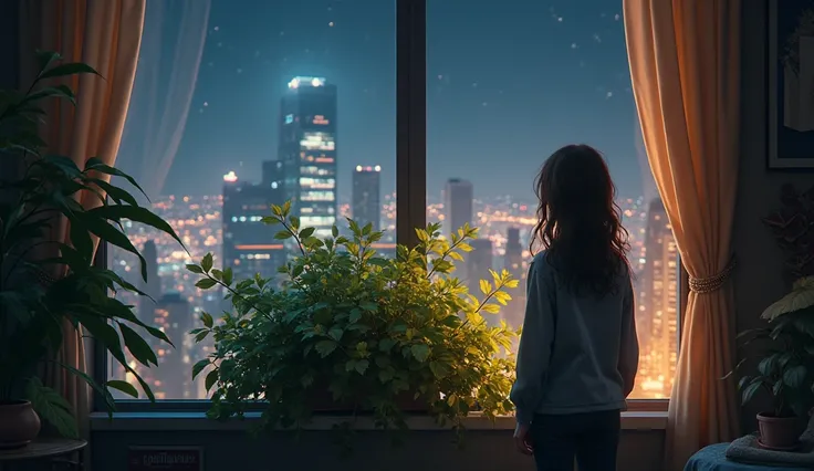 In a window you find a plant and you look at the city at night. 