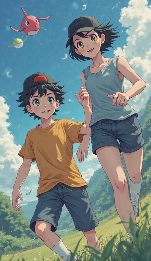 Create a full art Pokémon illustration of a couple the very white skinned boy, black hair, honey-colored eyes and black cap the girl's medium skin, black hair medio corto con fleco como si estuvieran en una aventura atrapando pokemones y lanzando pokebolas