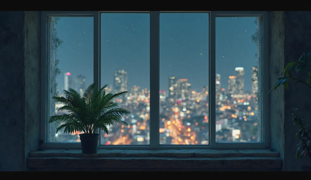 In a window you can find a plant and you look at the city at night without people. 