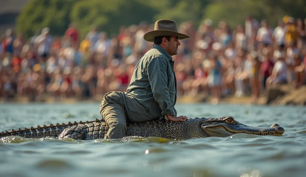 high resolution image, a man in a hat, he is on top of an alligator, the man and the animal are on the water, in the background an audience full of people watching