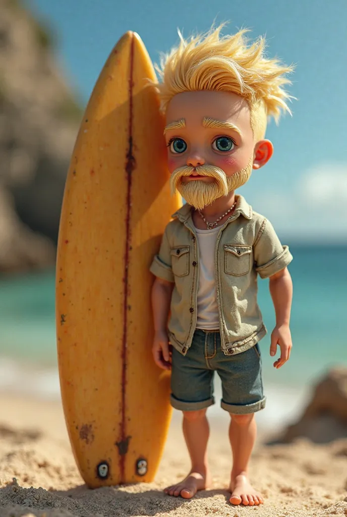 Manga-style boy doll, first na cor king, blond hair all shaved and down, thinned beard and mustache wearing surfer clothes with a board on the side