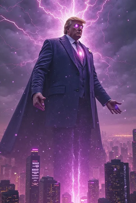 A colossal cyber-god, resembling Donald Trump, rises from the Monad blockchain, bathed in dark purple energy. His golden hair flows, and his glowing eyes radiate power as he forges smart contracts in his hands, sending them across the universe. He stands t...