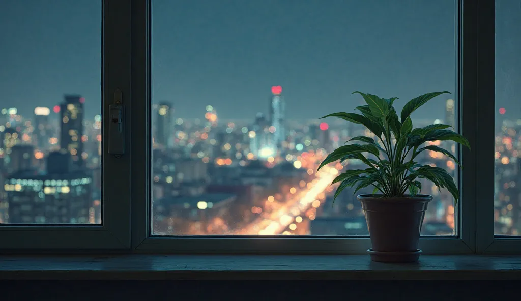 In a window you can find a plant and you look at the city at night without people. 