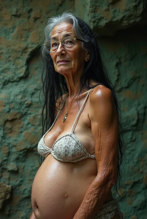 pregnancy, pregnant, 100 year old, 100 year old woman, white woman, Caucasian woman, wrinkled skin, wrinkled face, big tit, big chest, huge breasts, oil, oily, wet, damp, oily, grandma, granny, wet skin, oily skin, shiny skin, bikini, string bikini, glasse...