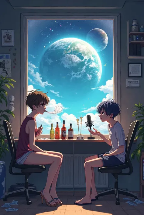 creates an anime-style image where two boys appear smoking; one producing a song, And the other one recording the song from a microphone , They are in a music recording studio where there are mostly half-naked women and bottles of alcohol and above all a w...