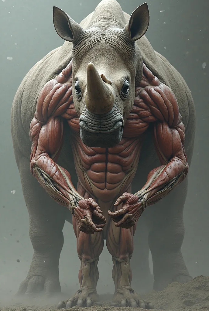 Create a video of a full body of a rhinoceros, viewed under. With human muscles in motion