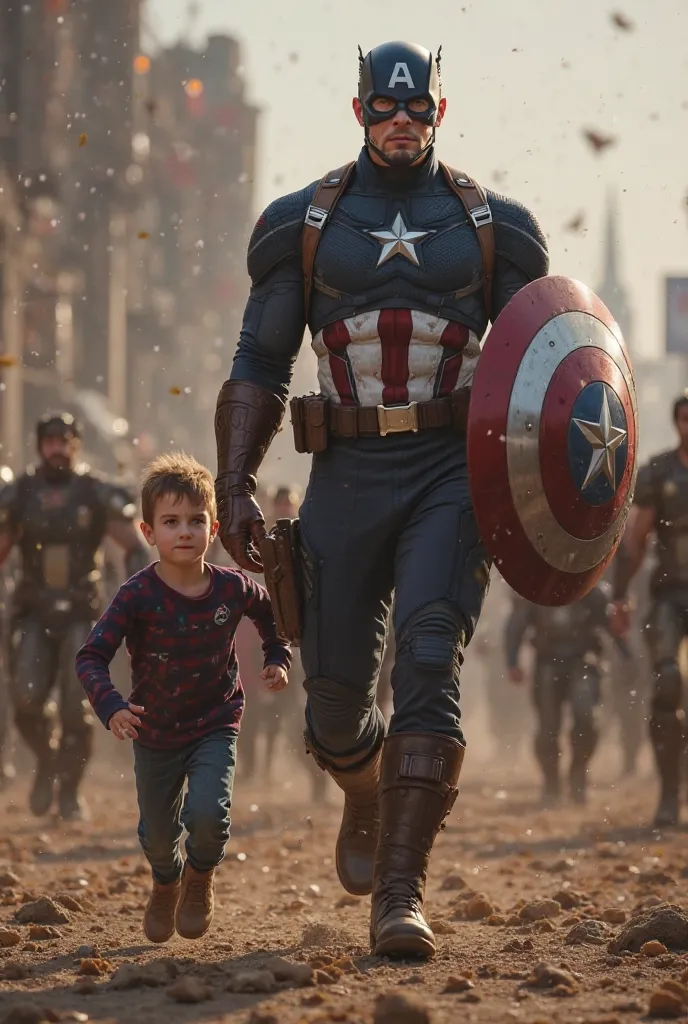 "After Thanos leaves with Iron Man, a small , filled with desperation, runs towards Captain America for help. The , with a worried expression, looks up at Captain America, who stands firm and heroic. The background is filled with chaos as the  clutches Cap...