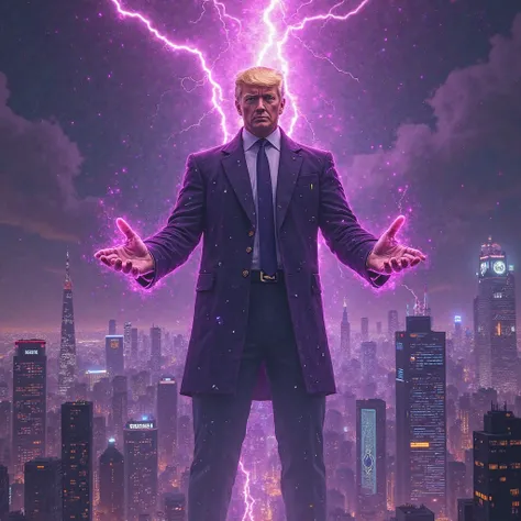 A colossal cyber-god, resembling Donald Trump, rises from the Monad blockchain, bathed in dark purple energy. His golden hair flows, and his glowing eyes radiate power as he forges smart contracts in his hands, sending them across the universe. He stands t...