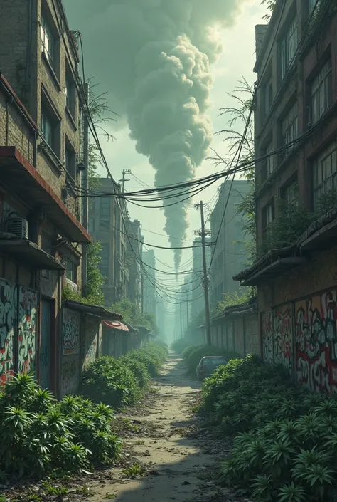 Image with street building with smoke and an apocalyptic sky and cannabis leaves on the side 