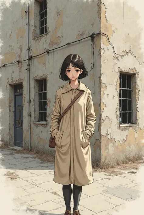  realistic drawing . Sara Night, pretty woman with short hair, carrying a beige bag, wearing a beige coat, to stand in front of an abandoned building