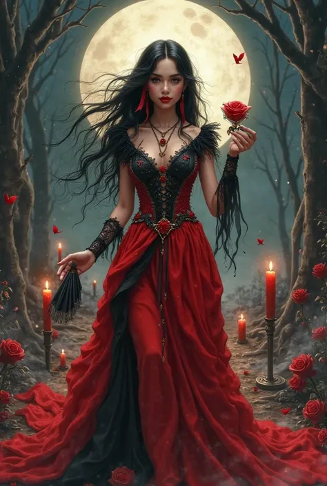 Creation of a detailed illustration of the spiritual entity Pombagira of the Seven Crossroads. The image should portray a young woman with a mystical and charming appearance,  with a seductive and enigmatic look .  She wears an elegant vibrant red dress , ...