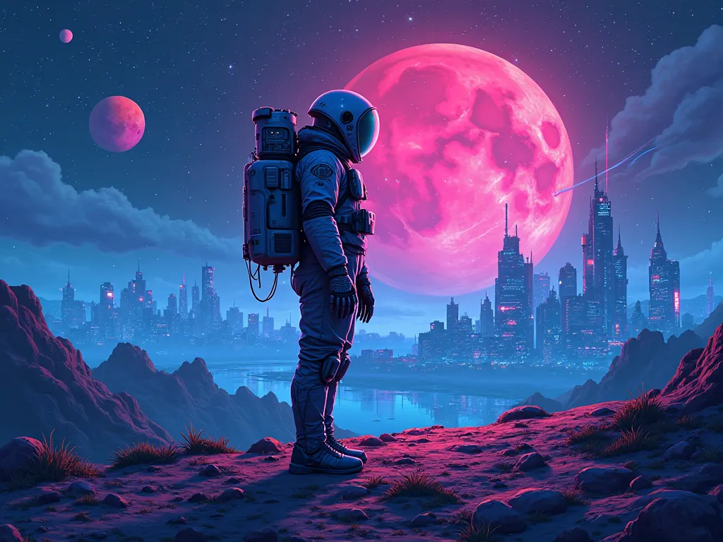 Draw the silhouette of an astronaut or cyborg in a neon style (colors blue, purple, pink). Use distant galaxies, planets, or a city of the future in the background. This will make the avatar catchy and technologically advanced.