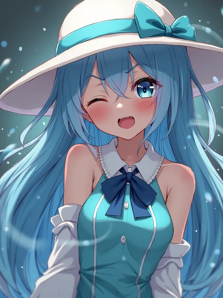 anime girl with long sky blue waterfall hair wearing big white sun hat aquamarine halter dress white collar blue bow tied ribbon being held hostage and tickled tortured in and by box machine crying laughing and screaming in lab]