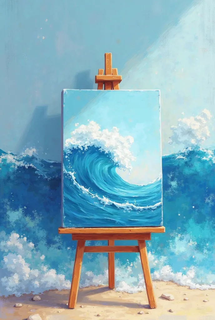 Make an image on which there is a wooden easel for drawing - come up with an abstract background around the easel, but so that it stands on the surface, but so that it fits into the overall picture. The easel should occupy half of the image, and on the can...