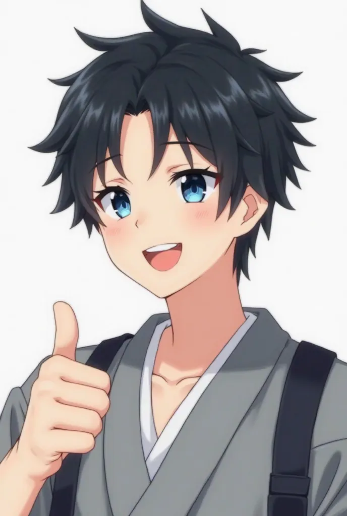 add Generate a male anime character with disheveled and pointed black hair,  Big, bright blue eyes . The character must have a cheerful facial expression with a wide, friendly smile. You must be making a thumbs up gesture with one of your hands. Wear a gra...