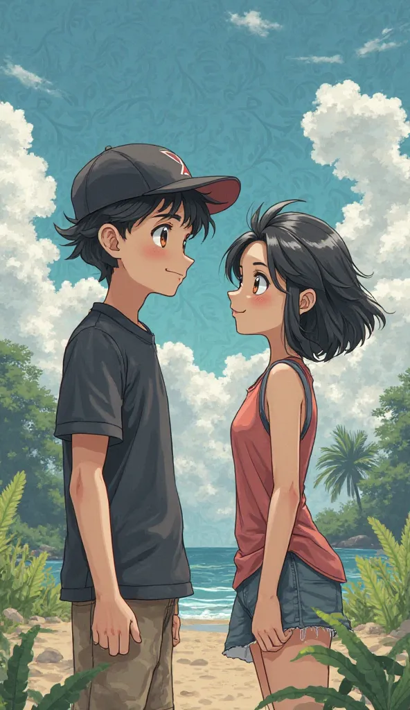 Create a full art Pokémon illustration of a couple the very white skinned boy, black hair, honey-colored eyes and black cap the girl's medium skin, black hair medio corto con fleco como si estuvieran en una aventura atrapando pokemones y lanzando pokebolas