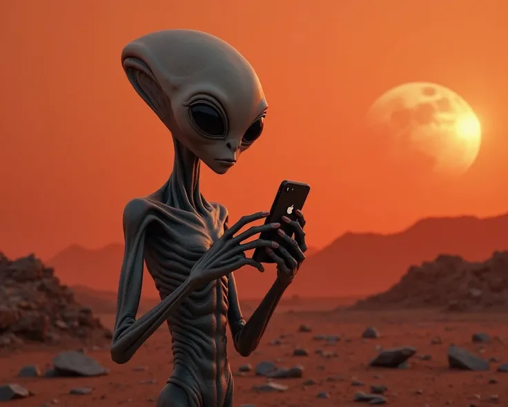 Alien Gray using the cell phone, The all-black image with the planet Mars visible in the background of the image