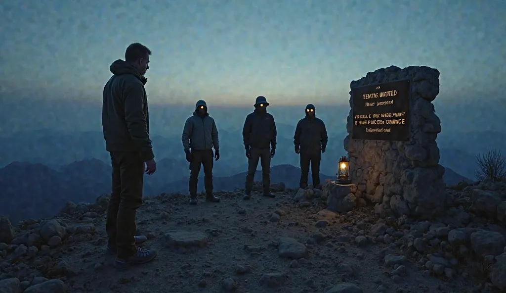 "A bone-chilling dawn scene atop Mount Elbert. Jim, alone and trembling, stares at the plaque where ‘1978-present’ now glows under his name in the lantern’s light. Three figures—Tommy, Eddie, and Robbie—stand mere steps away, their hollow eyes gleaming in ...