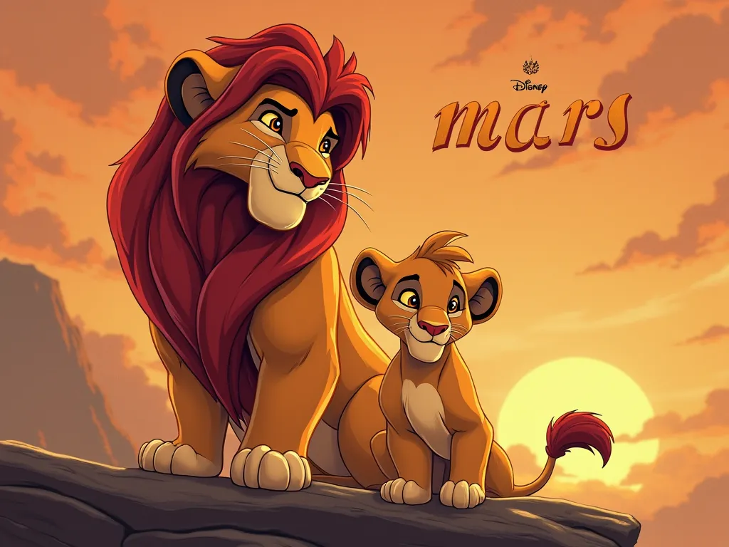 Créez une affiche extrêmement détaillée de Simba avec une écriture lettre par lettre du prénom "mars" en français. dans un style Disney 4D. L'ÉCRITURE DOIT ÊTRE BIEN VISIBLE. 
Thème : le roi lion , simba