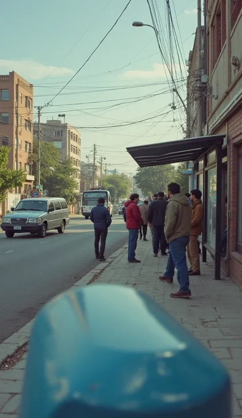 The image portrays a street scene, likely from the year 2000, showcasing ren gathered near a bus stop. There's an interesting visual with a blue object or structure in the foreground, and the background features a bus and a residential area. The nostalgic ...