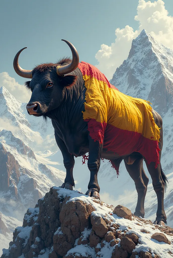 A bull with the Spanish flag on top of a mountain