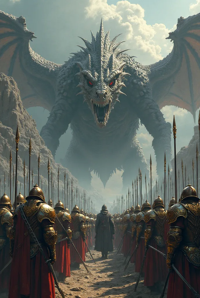 many warriors in armor in the distance against the background of a huge dragon