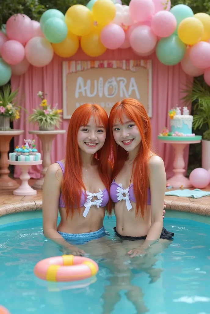 Two red-haired s
A vibrant party decor with the theme of "Pool Party". Balloons colored in pink, yellow, green and blue decorate the background, where there is a panel with the inscription "Pool Party"  And the name  " Aurora". Cylindrical tables of differ...