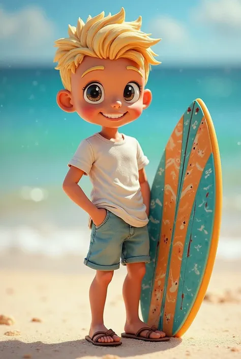 Manga-style boy doll, Light brown skin blonde hair all short and short, shaved beard and mustache wearing surfer clothes with a board on the side